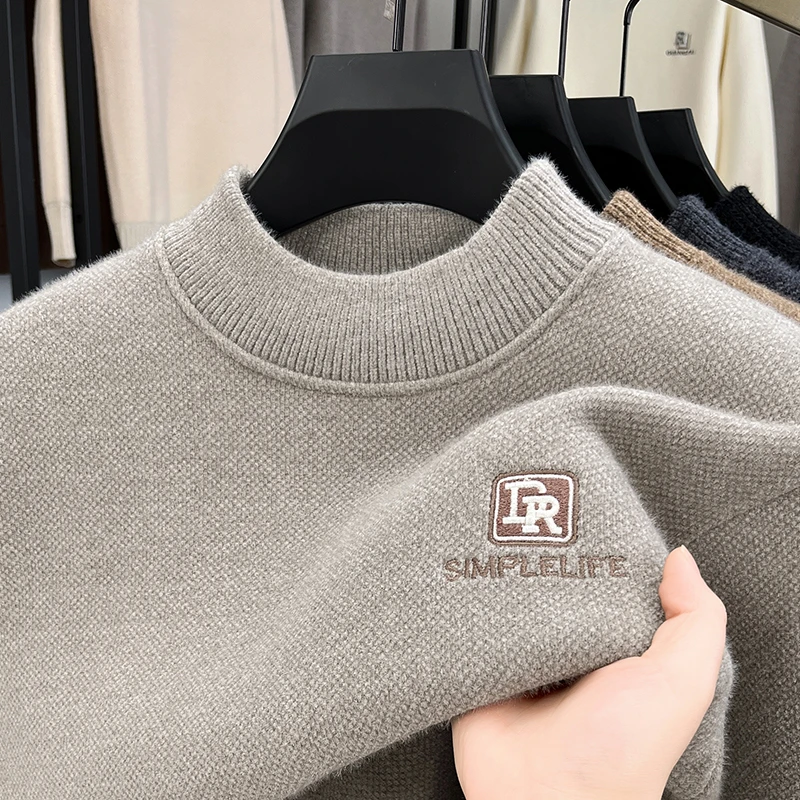 【工厂直销】半高领毛衣男（一体绒）加绒加厚保暖中领休闲针织打底衫