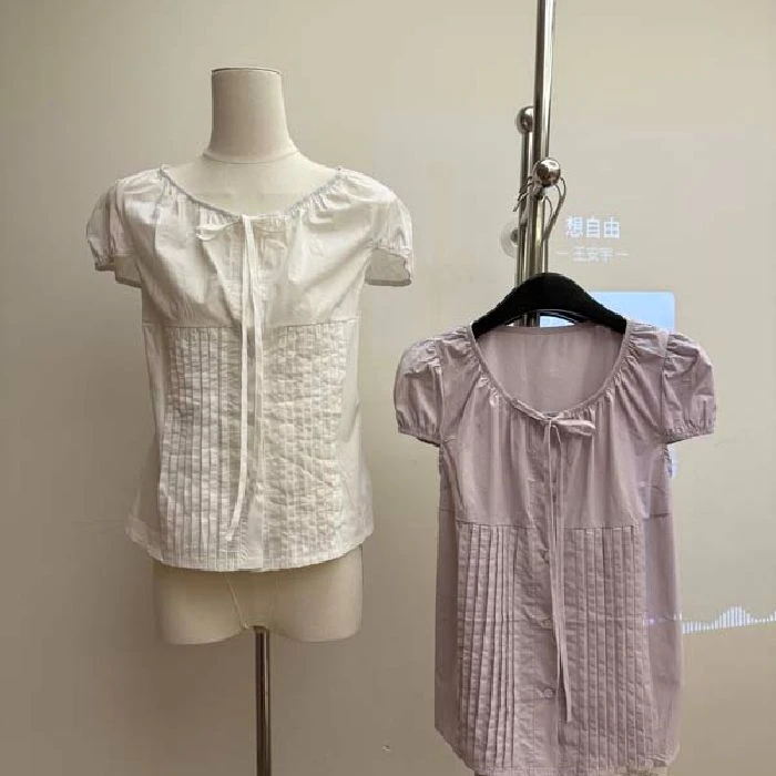 韩系泡泡袖衬衫女夏季薄款绑带衬衣甜美显瘦百搭正肩U领短袖上衣