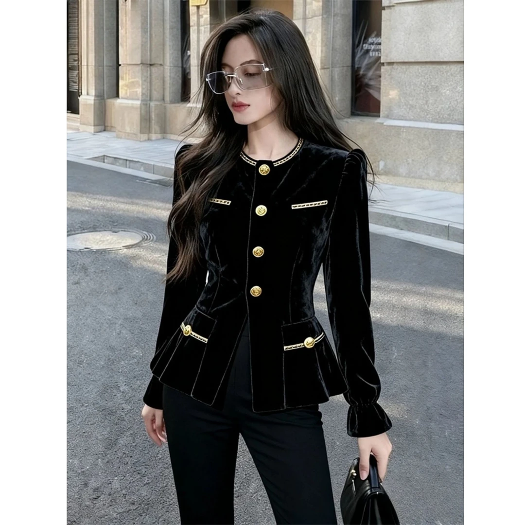 法式小香风黑色金丝绒衬衫女秋冬2025新款设计感洋气修身显瘦上衣