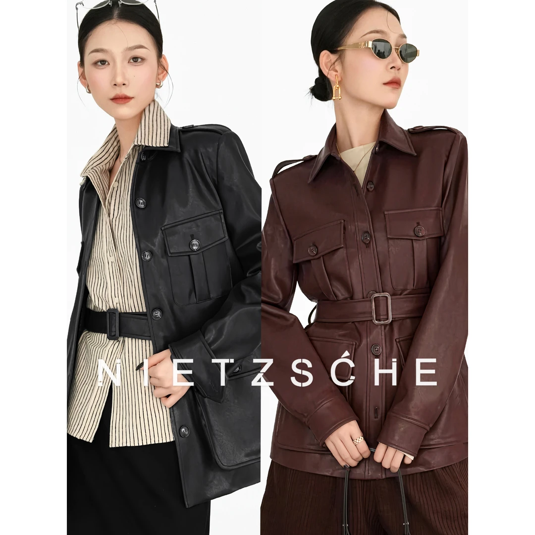 尼采 官方直营｜猎装皮衣｜老钱风经典腰带多口带夹克皮衣外套71113