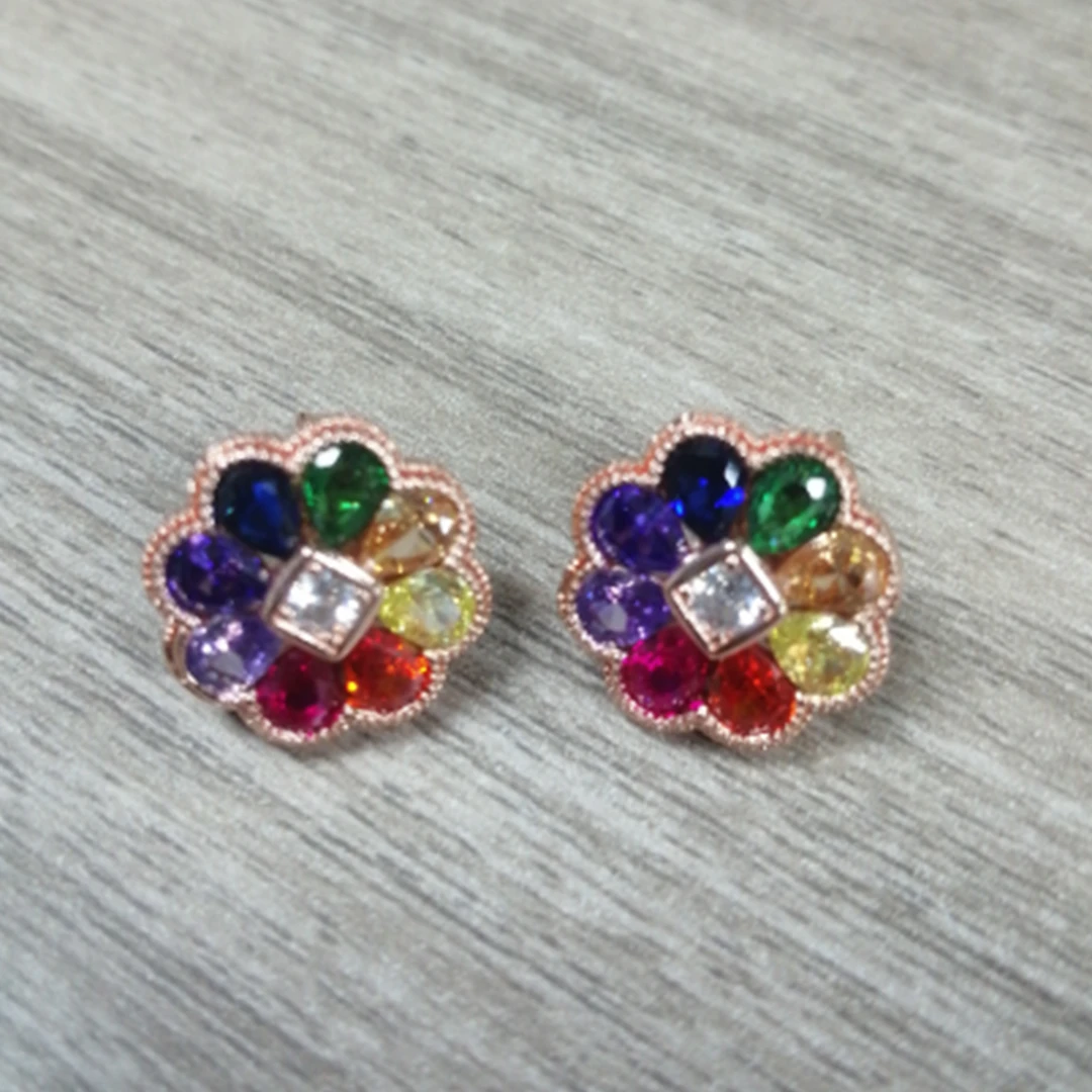 铜合金锆石耳饰 轻奢个性彩色花花镶嵌高级感百搭耳环 GPC-5131