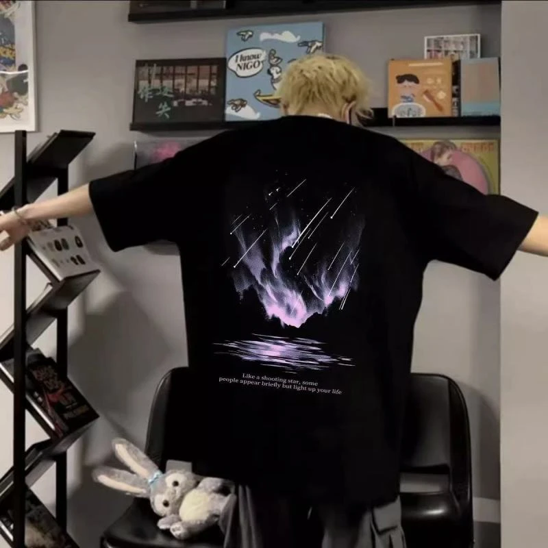 重磅夏季新款男女后背极光印花短袖T恤男潮牌百搭宽松个性上衣服