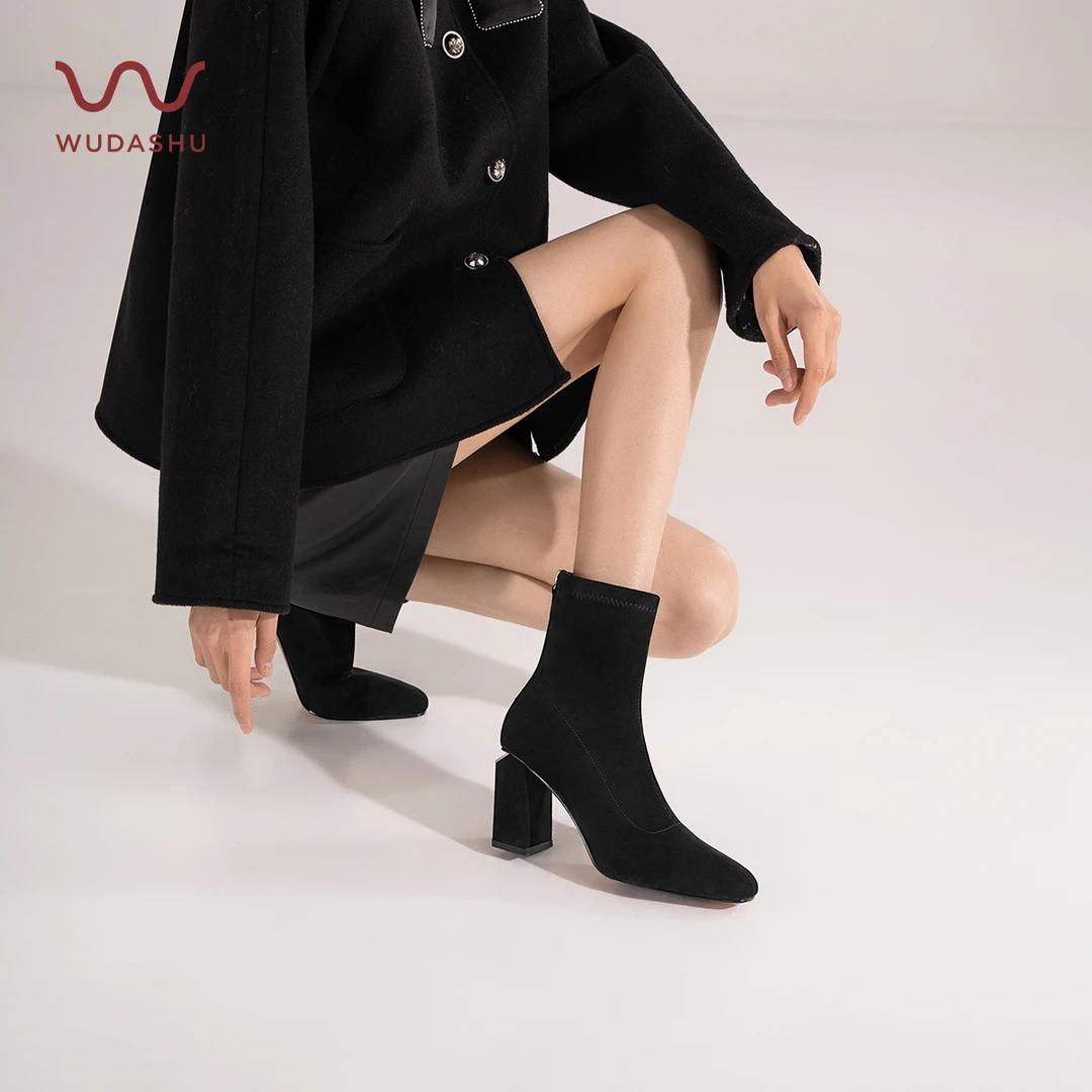 吴大叔高跟冬季方头时装靴瘦瘦靴短靴欧美风粗跟靴子女TF132096