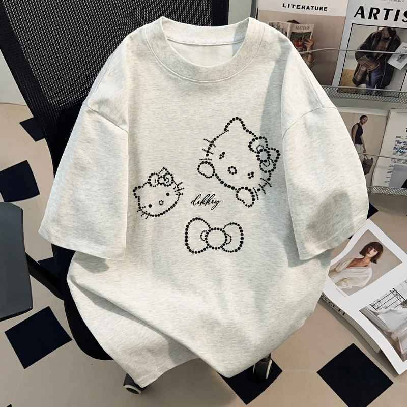 Dekkry卡通学院风凯蒂猫印花夏季纯棉短袖t恤男女情侣装圆领上衣