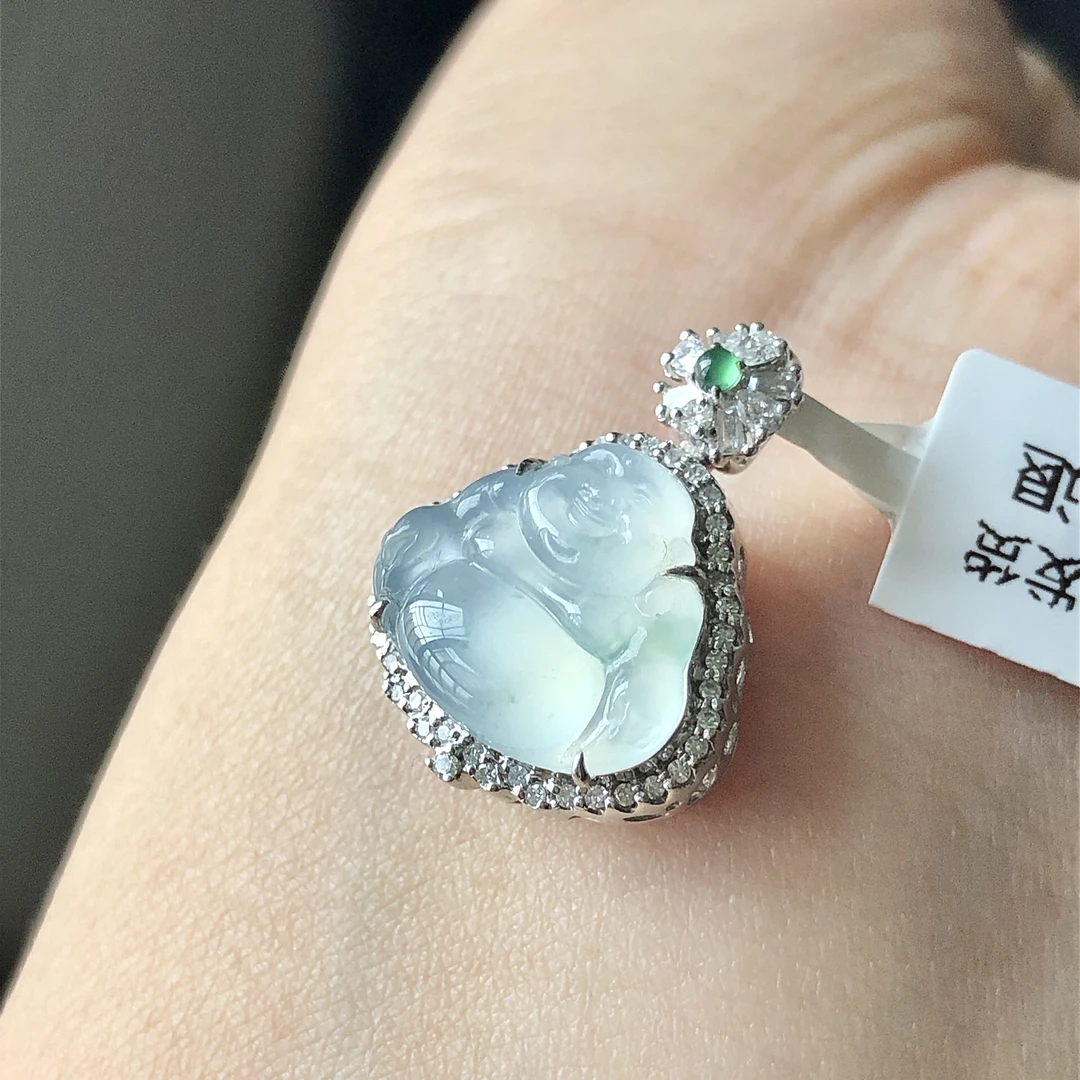 缅甸天然A货翡翠18k金豪华镶嵌老坑冰种佛公吊坠尺寸21.7/16.5/9