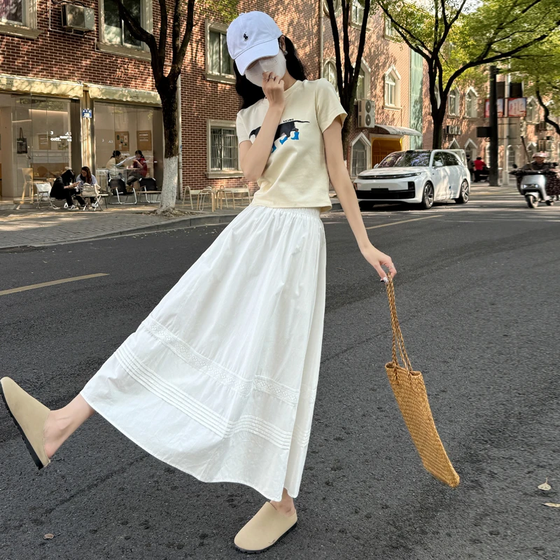 白色高腰夏季百搭松紧腰显瘦韩风气质蕾丝拼接大摆半身裙长裙子女
