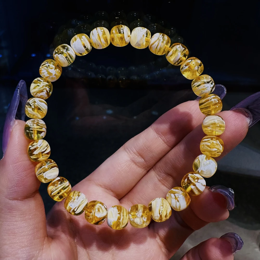 【心靳至臻】8MM金漆白拉丝妖孽虎皮纹透金高桩天然俄料蜜蜡手串