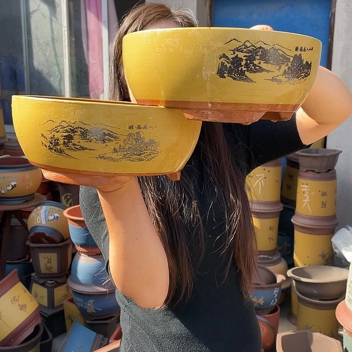 黄色江山如画小一对花盆紫砂花盆