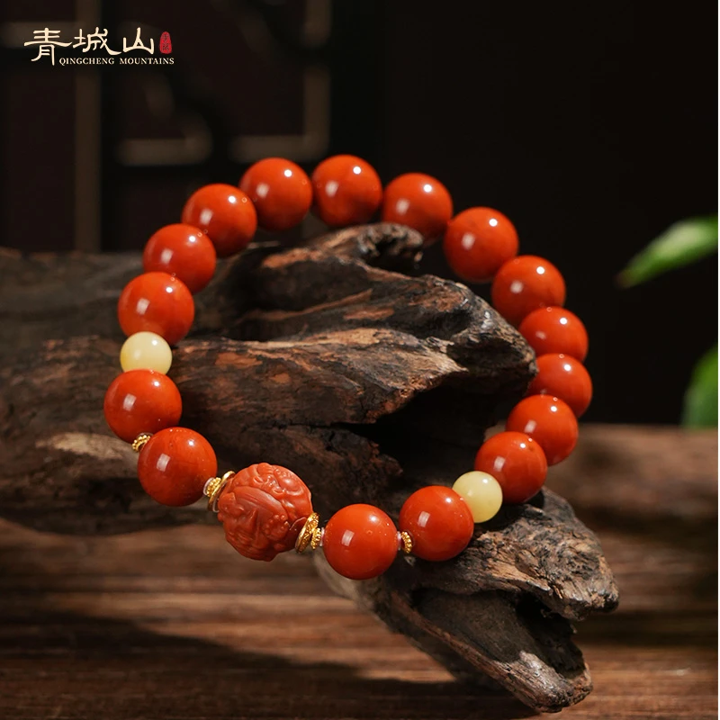 青城山天然柿子红南红手串10mm川料女士九紫离火红色玉手串