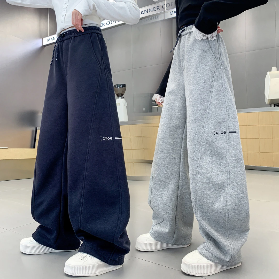 女童阔腿运动卫裤胖孩2025春秋新款装季儿童装中大童直筒弯刀灰色