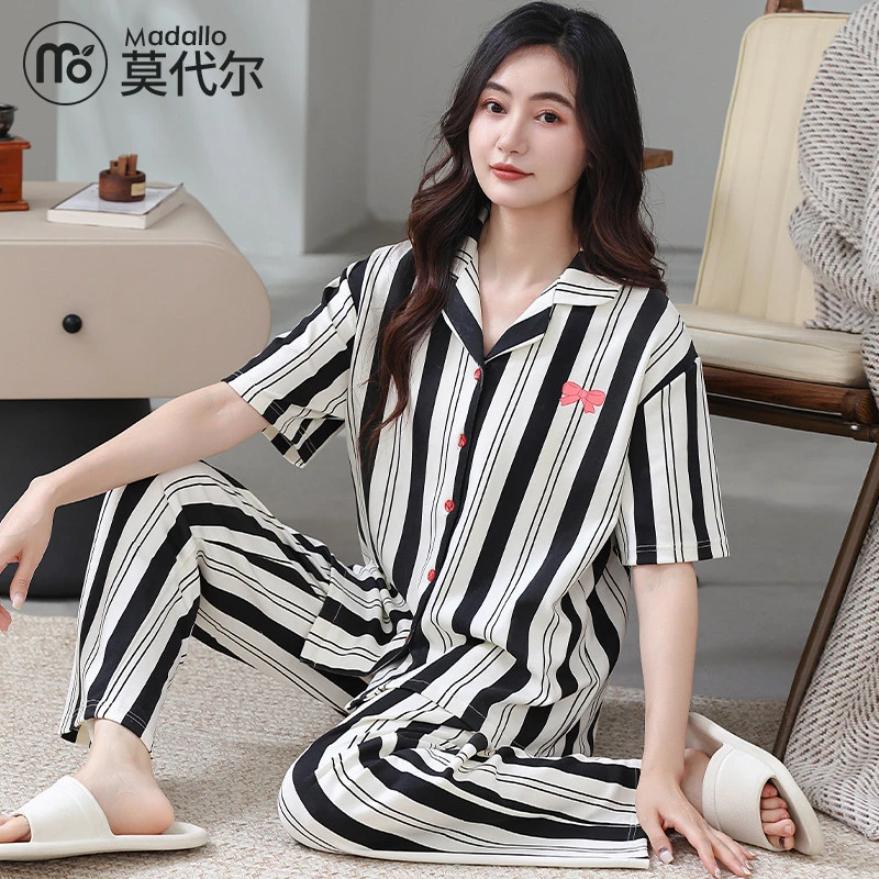莫代尔纯棉睡衣女款2026年新款夏季短袖长裤翻领家居服条纹可外穿