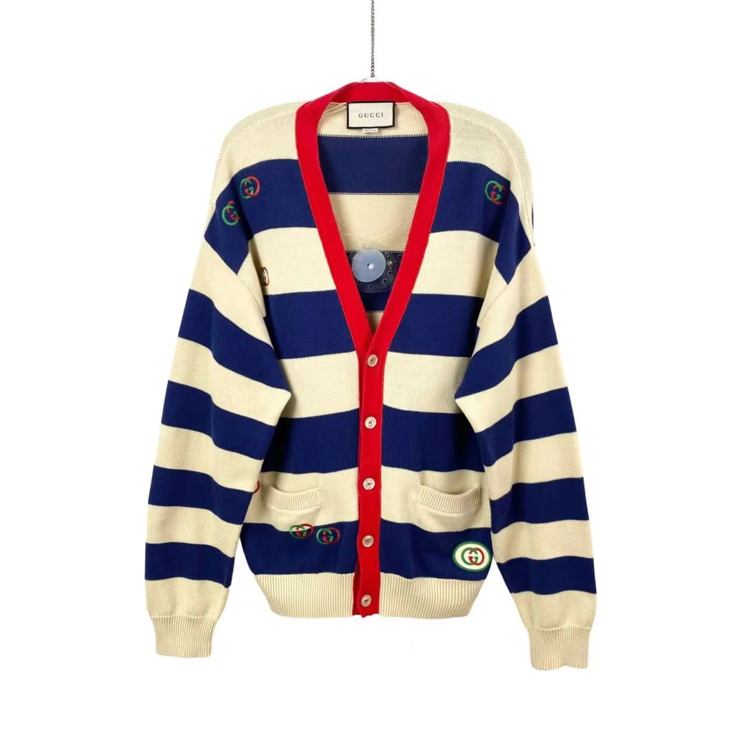 99新 GUCCI/古驰  pp四一三 棉 条纹logo针织开衫 l码 98新