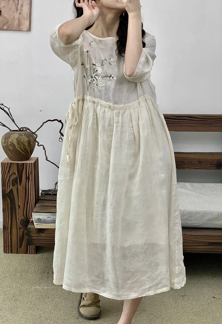 （有内衬）圆领刺绣花萝苎麻短袖连衣裙女长裙77+ 7732