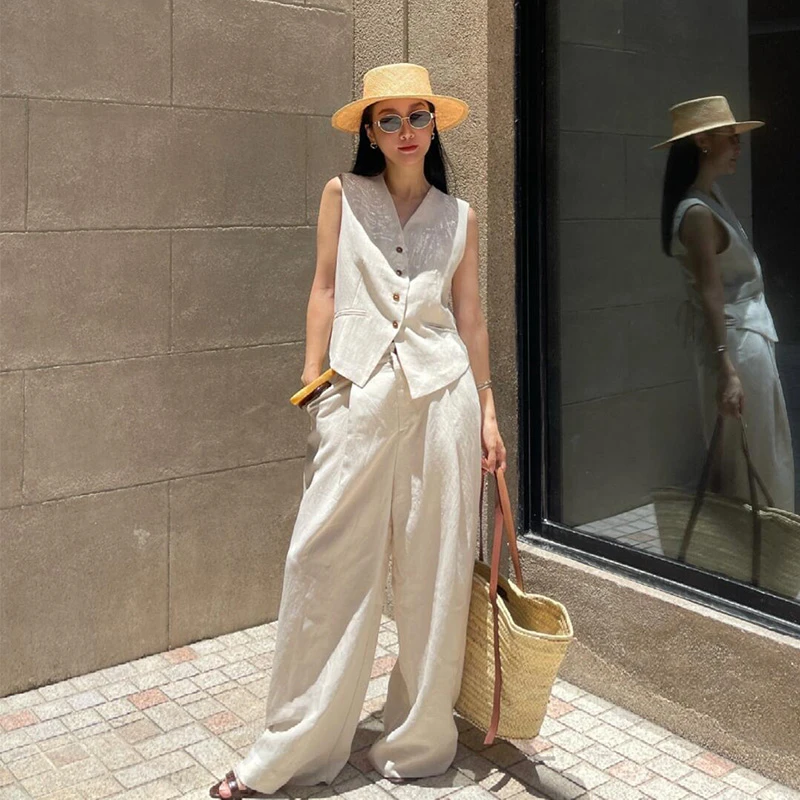 2025新白色棉麻时尚套装气质悬赏夏季马甲阔腿裤套装女长裤两件套