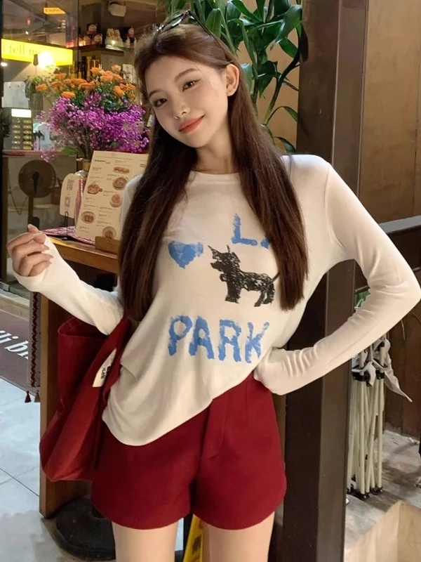 甜酷辣妹猫咪印花长袖T恤女夏季薄防晒罩衫个性街头风宽松上衣