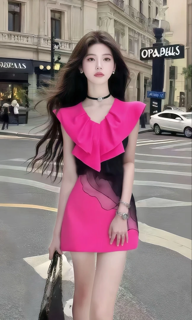 别致设计感修身V领玫红色收腰连衣裙时尚小众温柔知性风气质女装