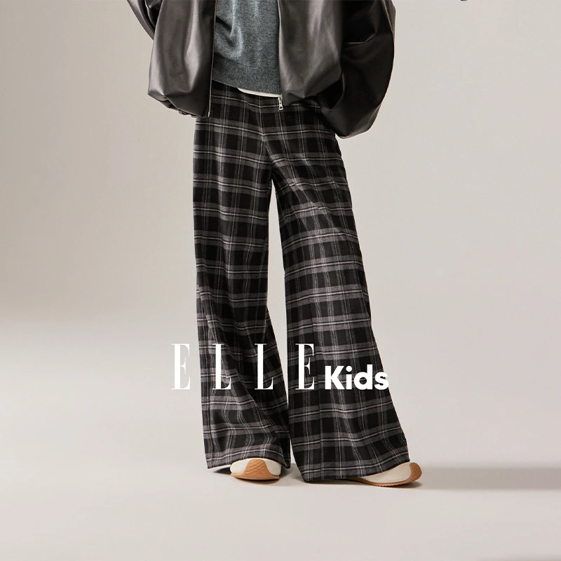 ELLE KIDS 童装法式经典百搭磨毛格纹微阔腿裤休闲裤秋季宽松Q1