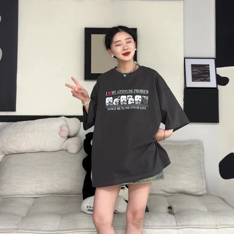 橘子罐头卫卫新款百搭情侣美式印花大码纯棉宽松T恤