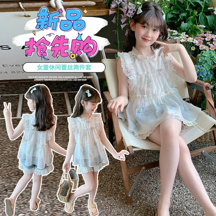 夏季女童碎花上衣搭配牛仔短裤时尚百搭休闲套装小女孩洋气中大童
