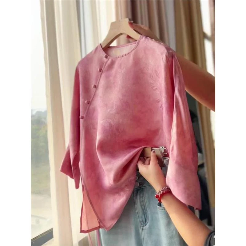 专柜撤回国际大牌剪标女装上衣新中式国风气质粉色斜襟桑蚕丝衬衫