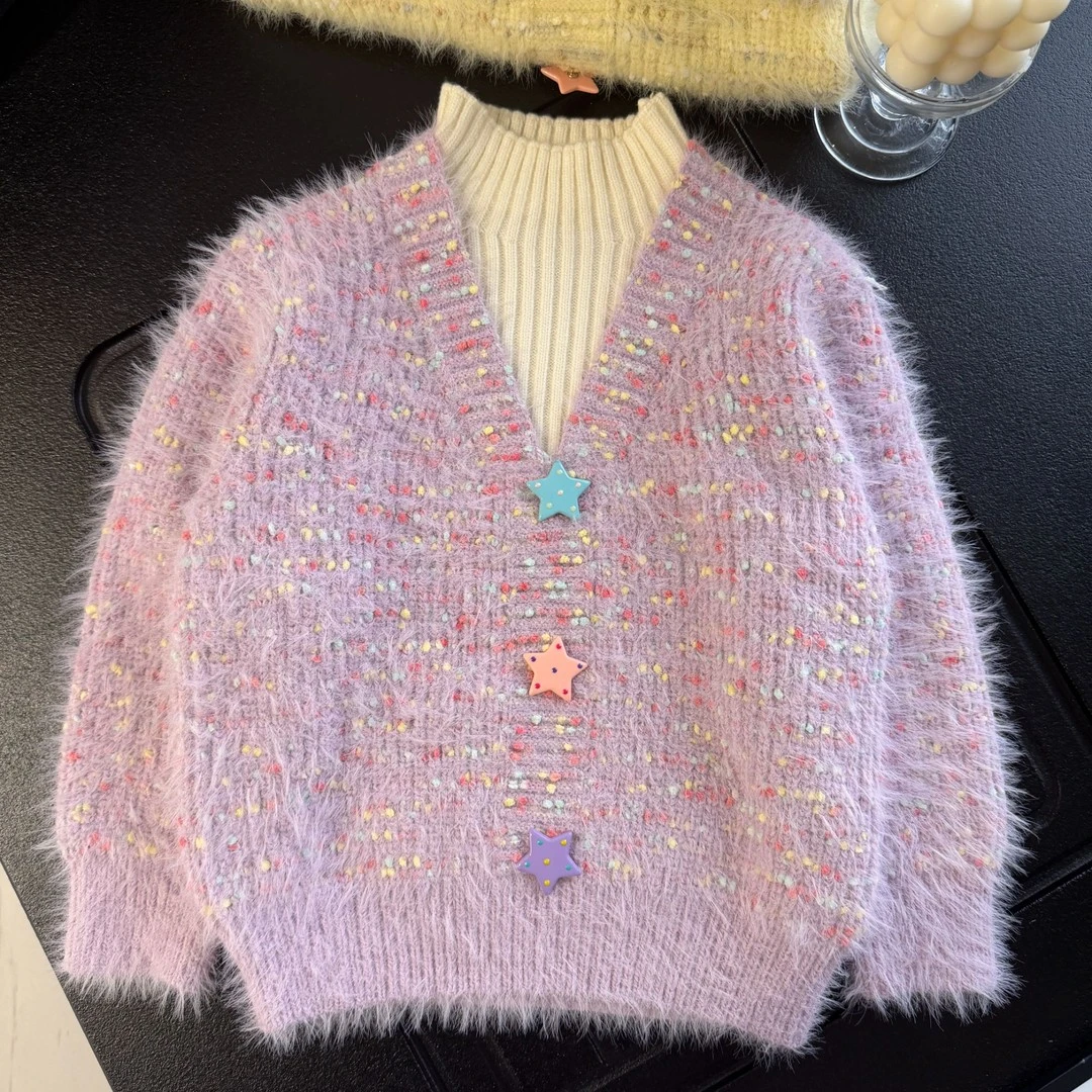 女童秋冬毛衣2025新款儿童洋气女孩加厚保暖冬季假两件套头针织衫