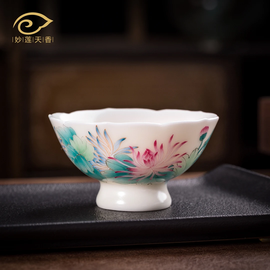 妙莲天香高档手绘《秋石倚菊》主人杯高端白瓷陶瓷茶具主人杯单杯