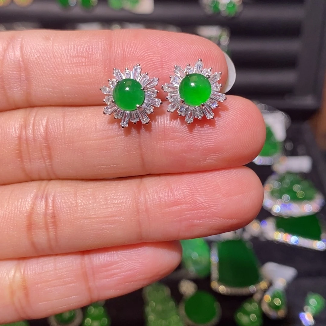 翡翠银S925镶嵌耳饰蛋面耳钉