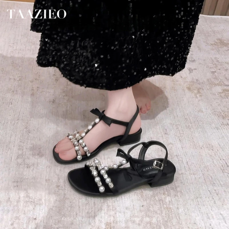 TAAZIEO平底2025黑色新款法式女鞋子水钻蝴蝶结高跟时尚凉鞋夏季