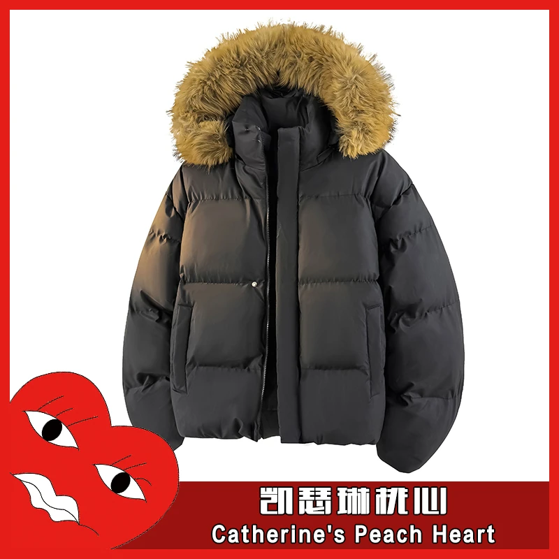 凯瑟琳桃心 美式复古加厚保暖大毛领棉衣冬季外套情侣装派克棉服