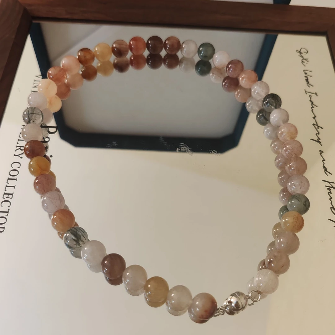 天然多宝水晶项链兔毛黑发丝晶体均匀配银扣头高端大气上档次