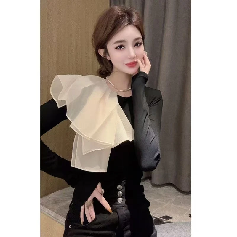 欧洲站2025春季新款拼接荷叶边t恤女时尚洋气修身显瘦圆领打底衫