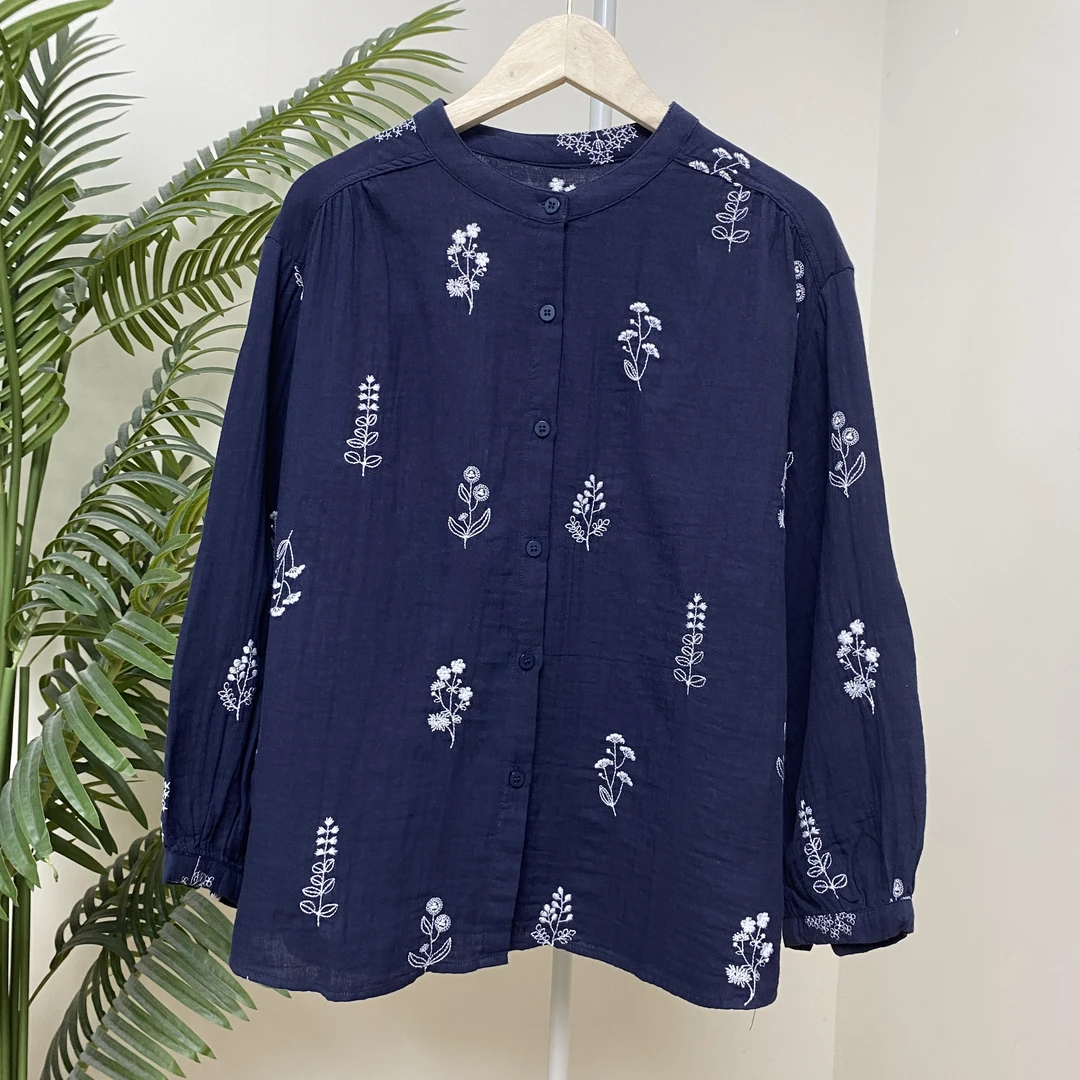 【立领花卉刺绣长袖棉纱衬衫】4117