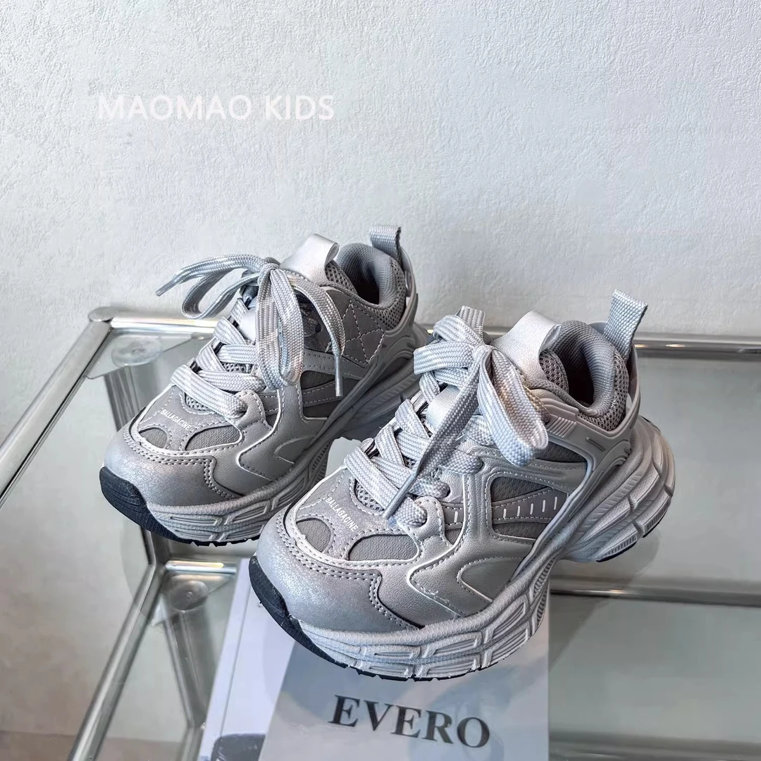 童鞋25新女童运动鞋春秋2025新款儿童鞋子男童老爹鞋网面墨素潮鞋