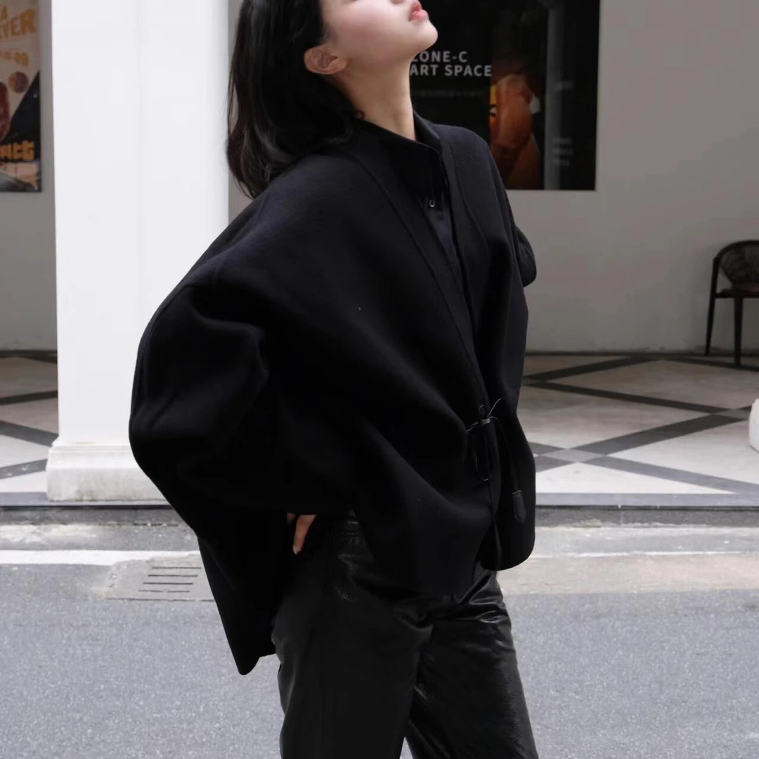 宝丫轻奢 T女式系绳收腰双面呢羊毛大衣毛呢外套K905