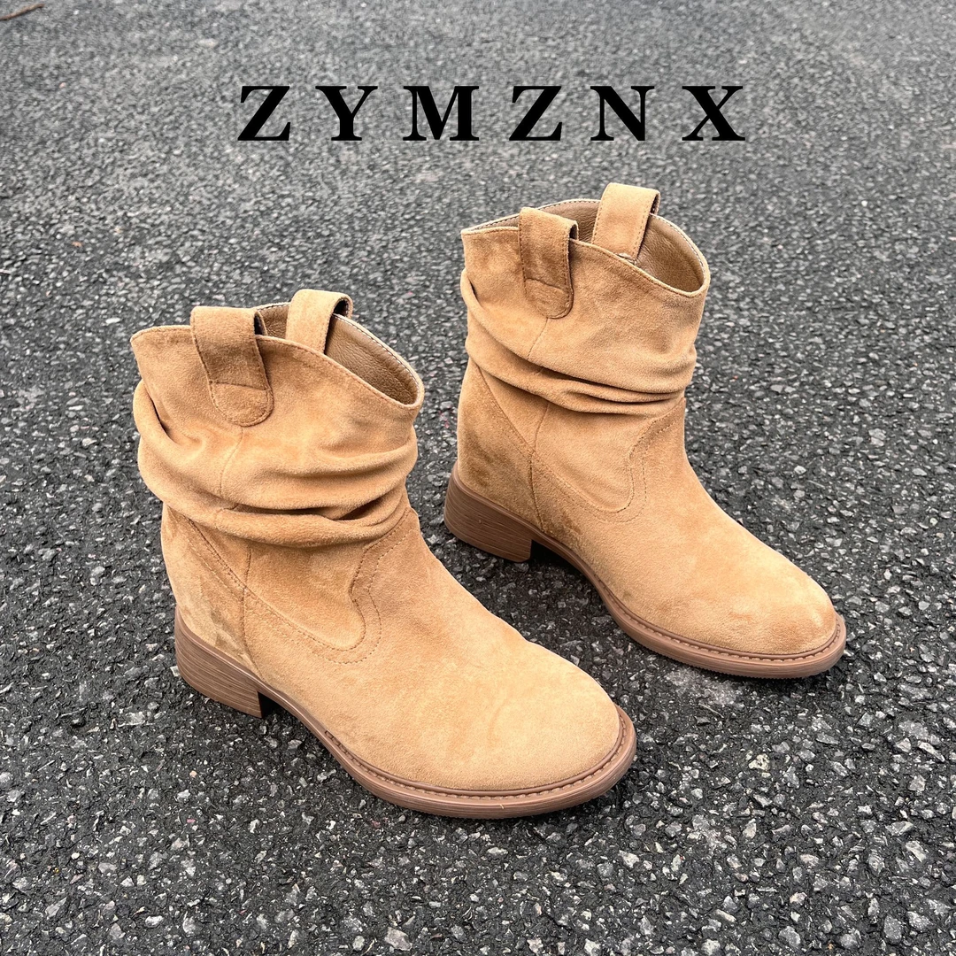 【平增高6cm】美拉德马丁靴秋款女中筒显瘦堆堆褶皱复古女靴P061-2