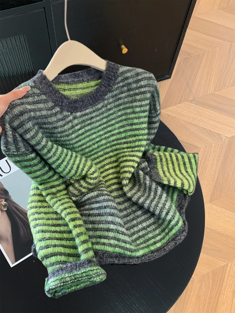 复古港风渐变色条纹松弛感毛衣女秋冬小众高级感宽松圆领显瘦上衣