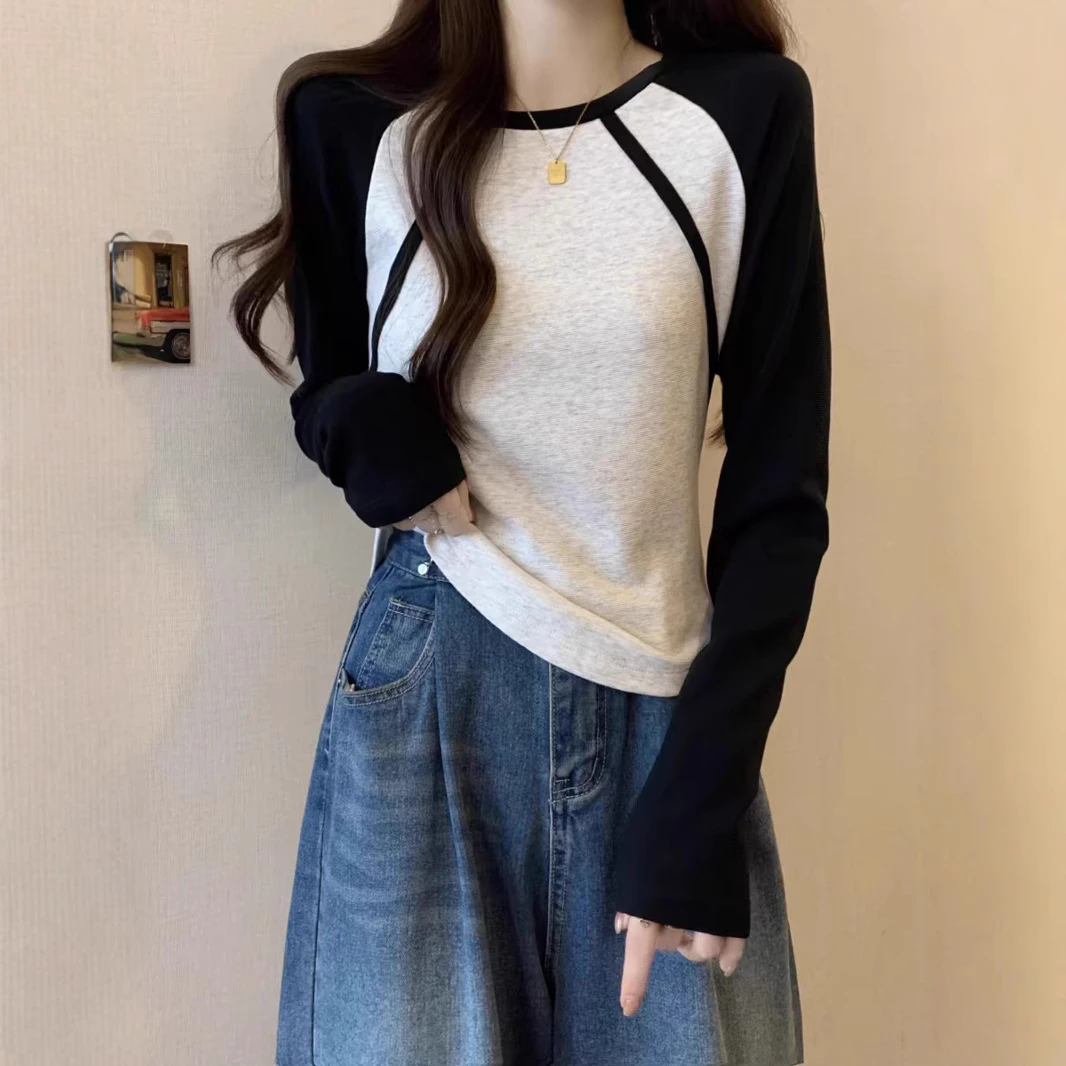 早秋冬季2024新款撞色插肩长袖纯棉T恤女内搭打底衫美式修身上衣