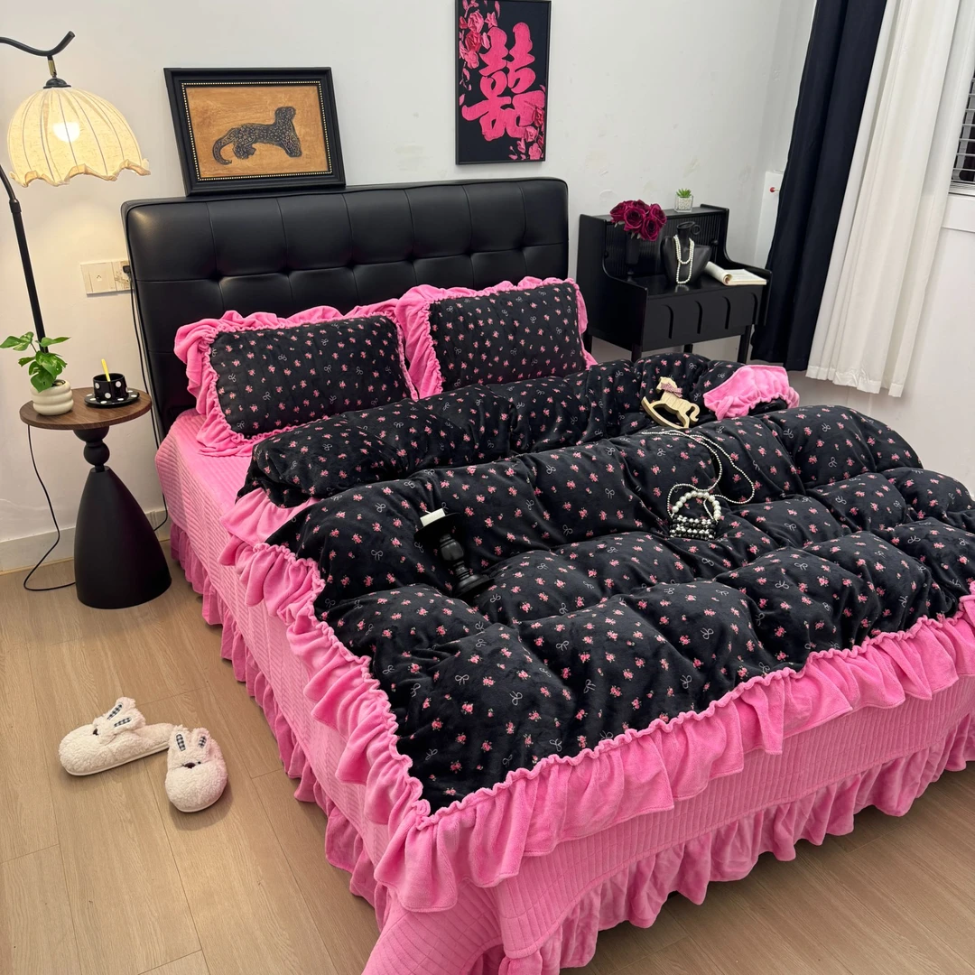 定制版浪漫法式大花边冬季加绒加厚牛奶绒床盖款被套四件套床品