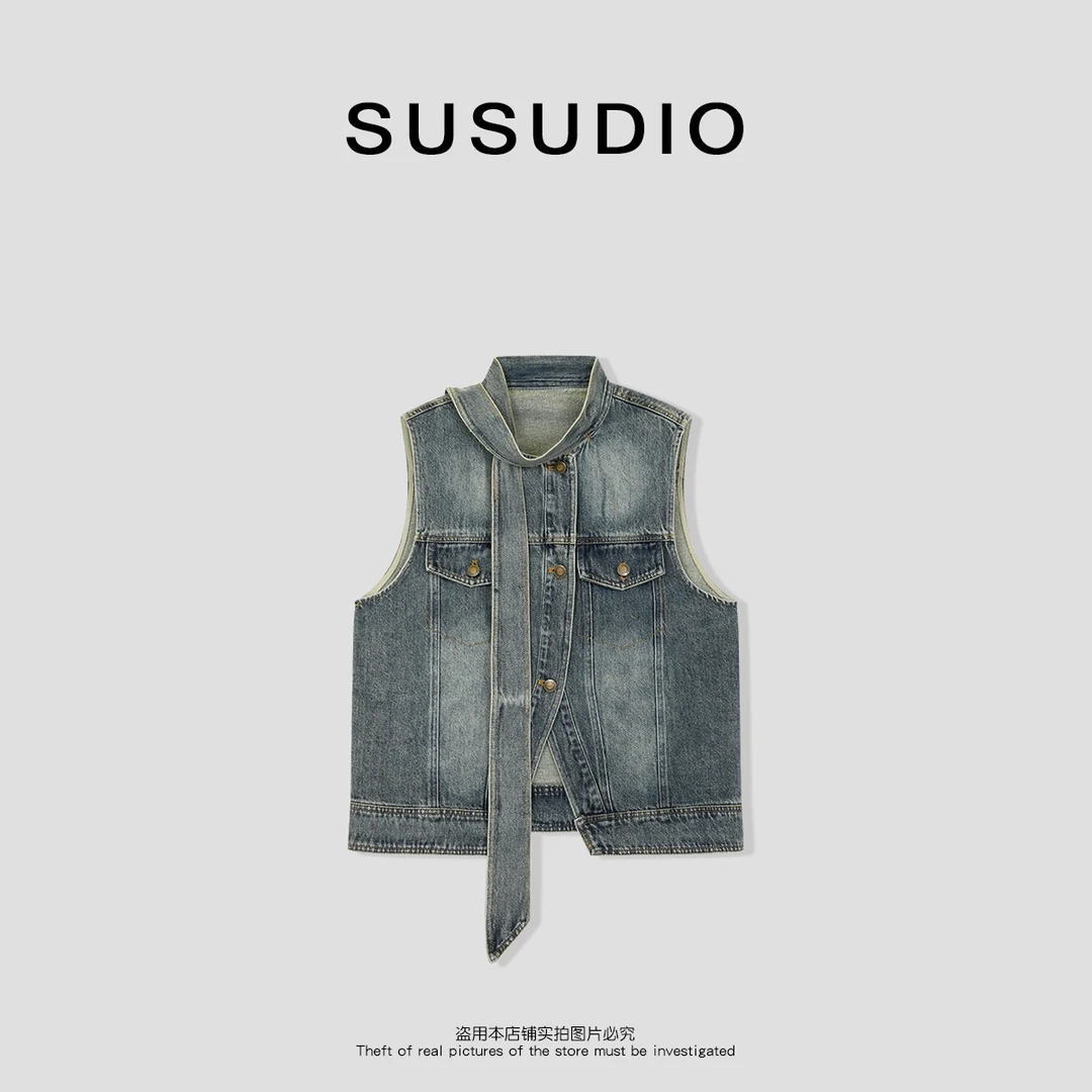 SUSUDIO 春夏美式复古飘带做旧牛仔坎肩无袖马甲70177