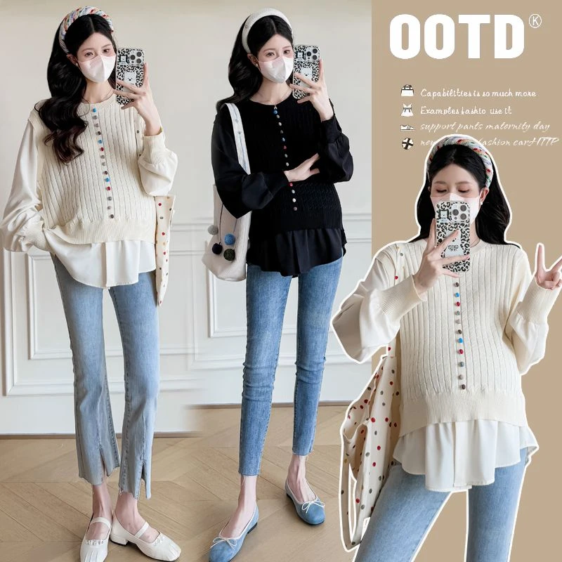 春装新款2025孕妇装时尚彩色纽扣设计感假两件衬衫百搭上衣娃娃