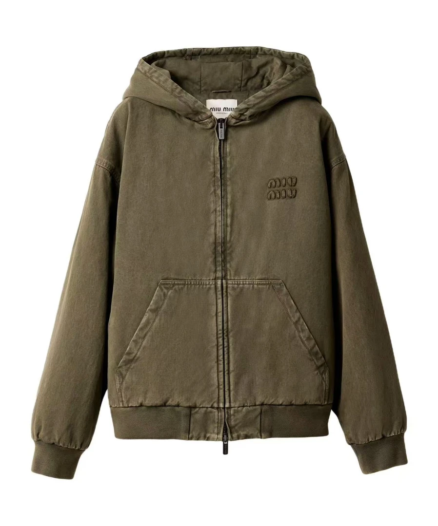 未使用 MIU MIU/缪缪 刺绣徽标复古做旧拉链连帽棉服外套