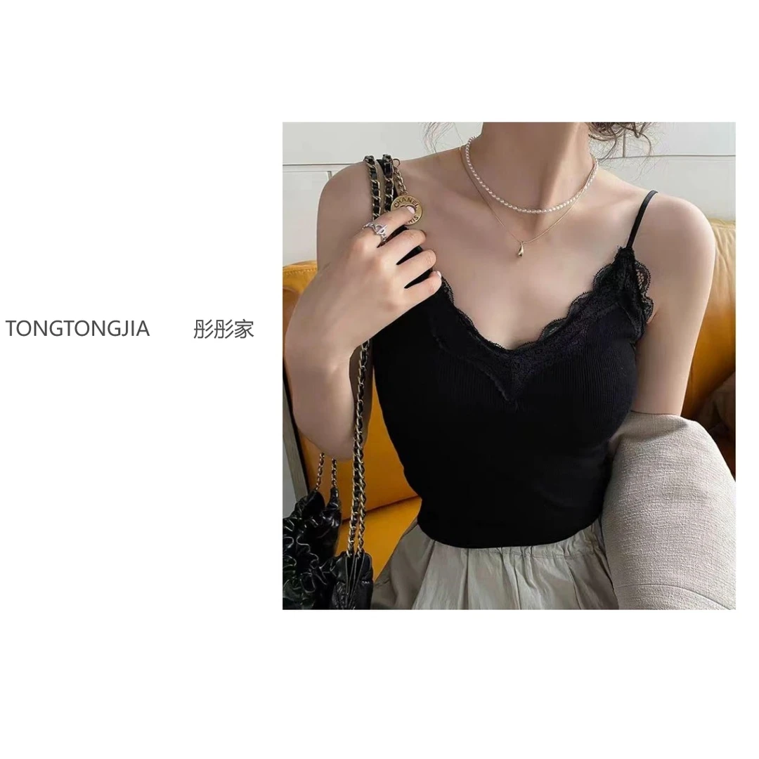 【TONGTONGJIA】欧洲站2025春夏新款蕾丝拼接带胸垫背心吊带