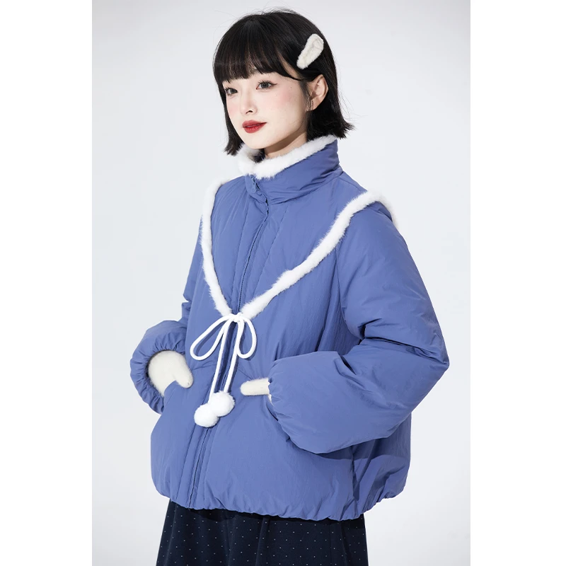 毛绒拼接女秋季加厚保暖宽松短款毛球白鸭绒外套