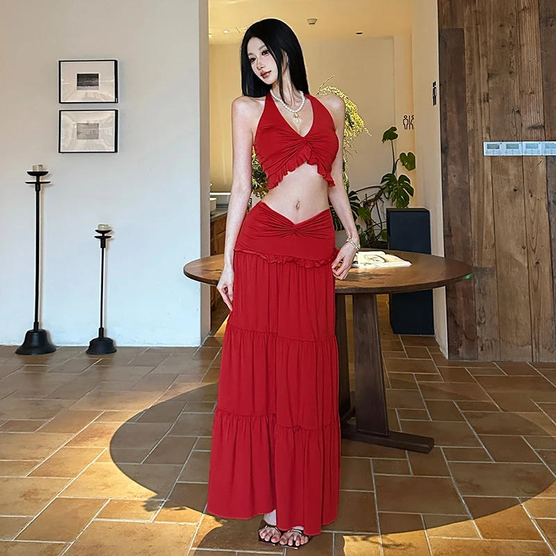 Malou 夏日度假风V领挂脖小吊带  飘逸清新半身裙两件套K24S61224