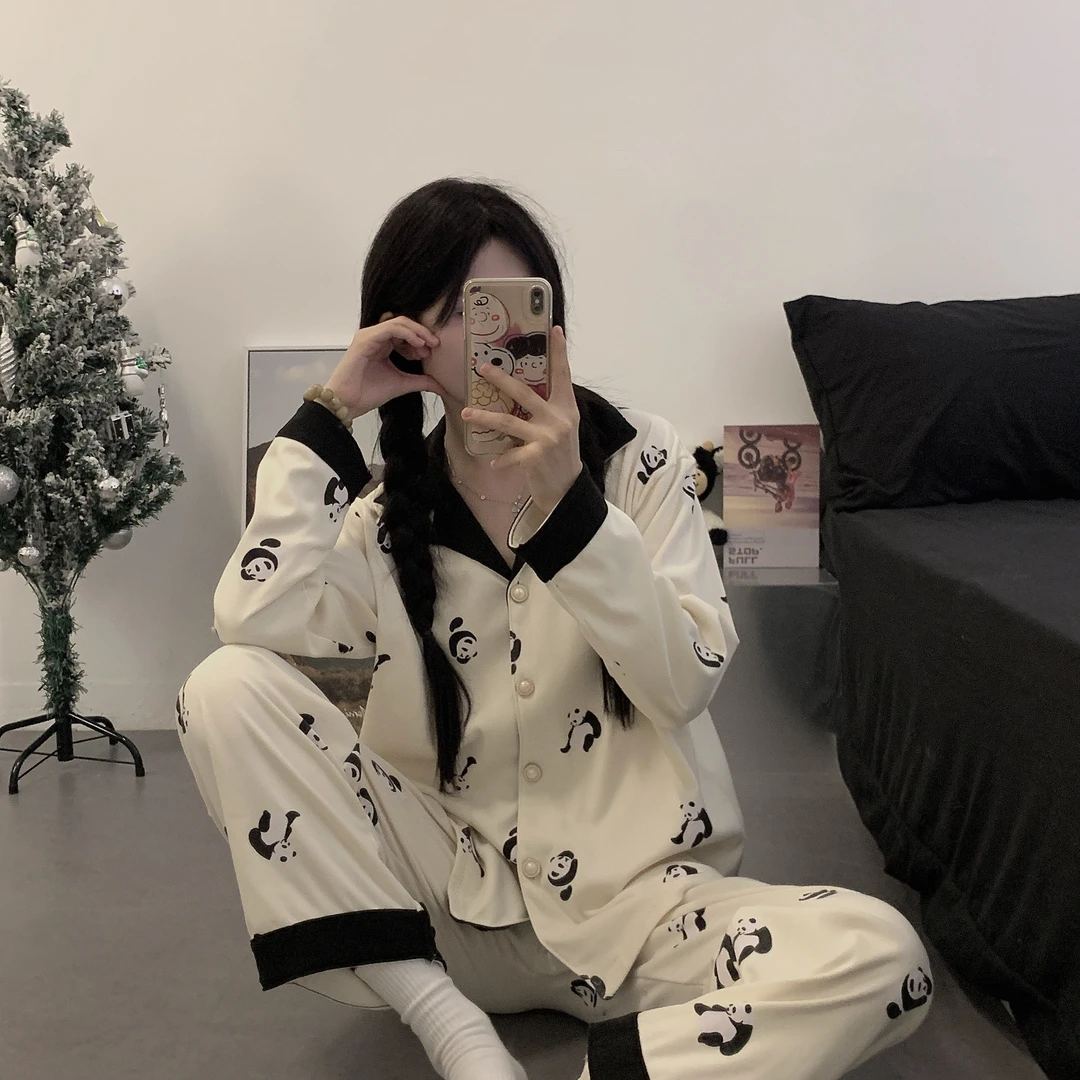 全棉时代【舒适亲肤】德绒睡衣女款春秋长袖熊猫家居服女士高级感