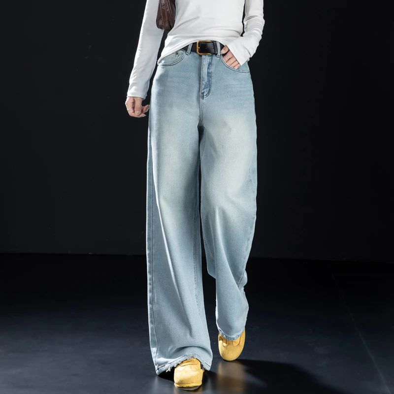 浅色加绒加厚阔腿牛仔裤女2025年流行网红女裤美式秋冬窄版直筒裤