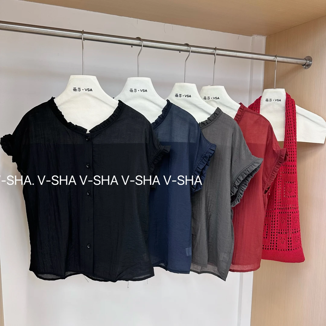 薇莎5356【现货】80-150斤圆领花边衬衫女韩系宽松设计感上衣