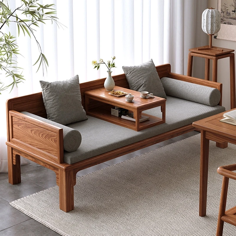 新中式实木罗汉床禅意伸缩两用老榆木两用沙发床客厅新款家具炕几