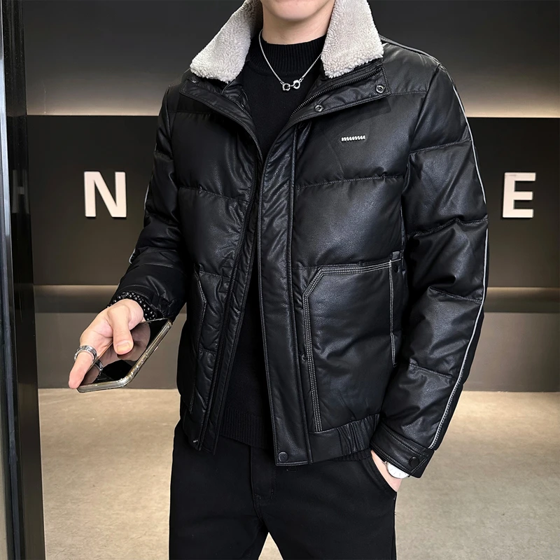 冬季男士立领可拆毛领修身PU皮羽绒服 潮流短款加厚保暖羽绒外套