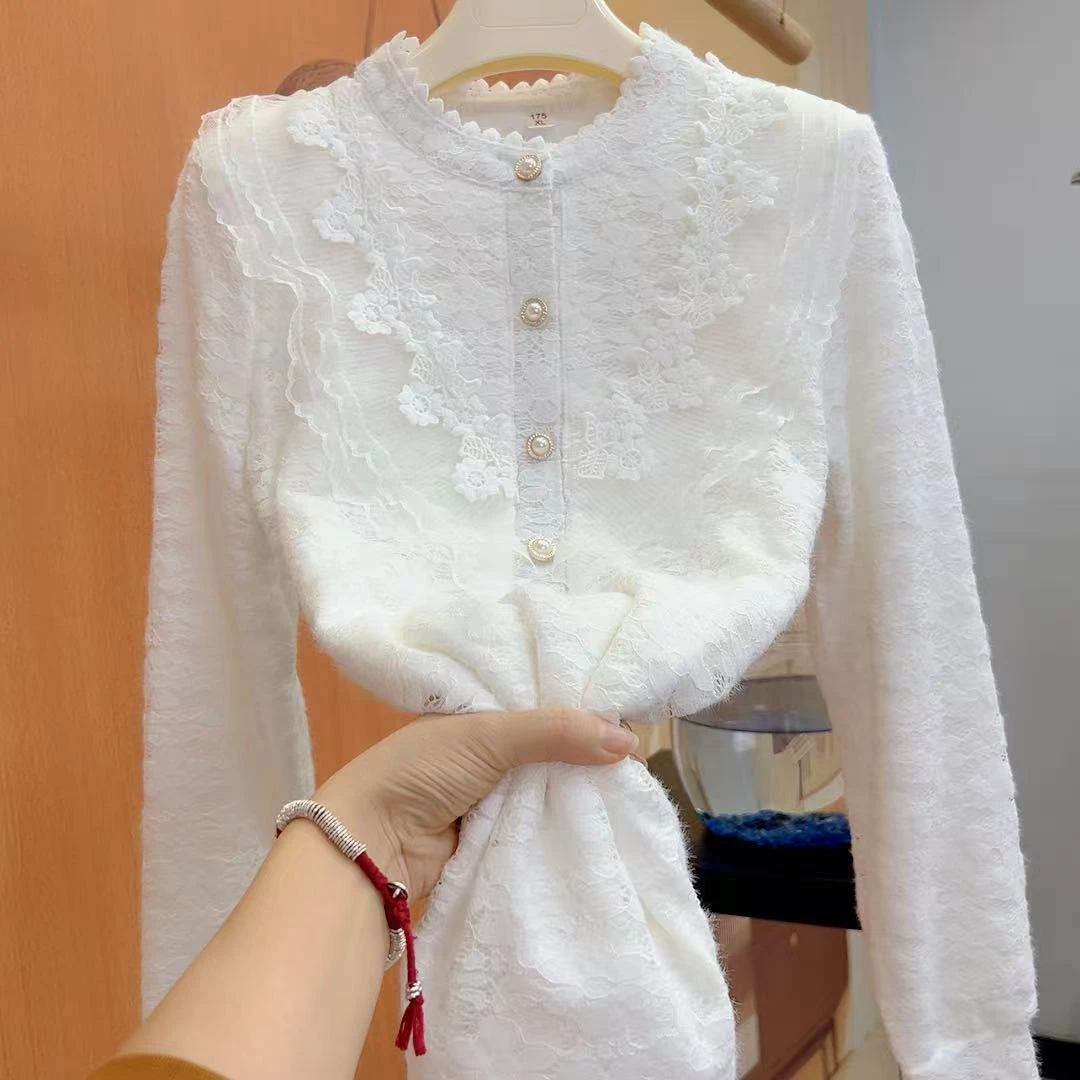 花边网纱半开领大码长袖宽松减龄保暖打底套头加绒水貂绒蕾丝衫